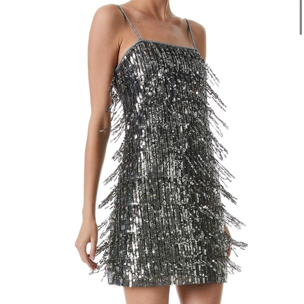NWT Alice + Olivia Chicago Sequin Fringe Mini Dress Gunmetal Silver Flapper NYE - Picture 4 of 17